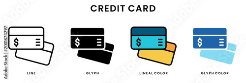 Set of 4 credit card icons line, glyph, lineal color, blue glyph editable including stacked cards, dollar symbol, payment card, financial transaction