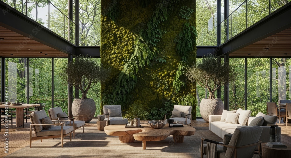 Fototapeta premium Nature-Inspired Living: An airy living room seamlessly blends the indoors with the outdoors. A vertical garden and abundant natural light create a sense of harmony and tranquility.