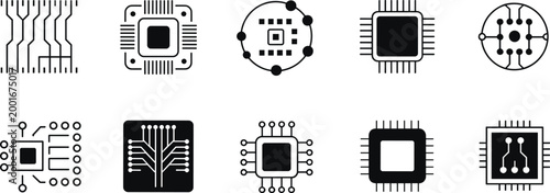 Collection of electronic circuit board and CPU chip icons in black and white processor microchip