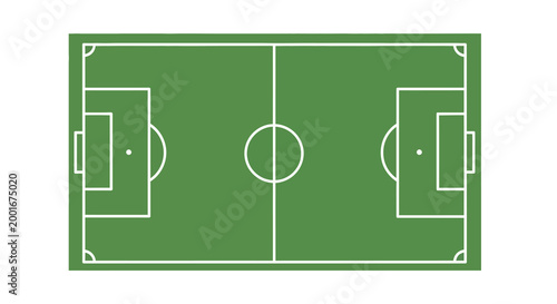 Overhead view of a soccer field illustration with clearly marked lines and goals on a green background, rendered in a clean, minimalist style with a crisp, graphic design aesthetic