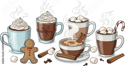 Hot Chocolate and Coffee Cups with Marshmallows, Gingerbread Cookie, Cinnamon, and Candy Cane for Winter Beverage Designs