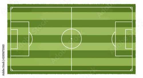 Overhead illustration of a soccer field showing the layout with white lines against a green grass background, the composition is flat and graphic with a vibrant color scheme