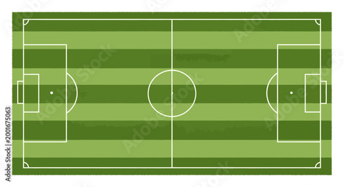 Overhead shot of a meticulously designed soccer field illustration, featuring detailed field markings and a vibrant green color palette, set against a clean white background to highlight