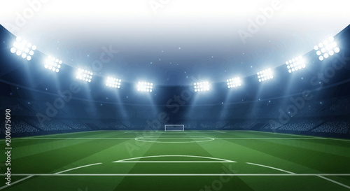 Wide-angle shot of a vibrant, illuminated soccer stadium showcasing bright floodlights and a meticulously maintained green field, creating a captivating scene against a softly gradient