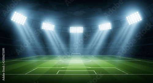 A vividly illuminated soccer stadium with a meticulously maintained green field is captured with a dramatic, wide-angle perspective under a night sky, creating an atmosphere of anticipation