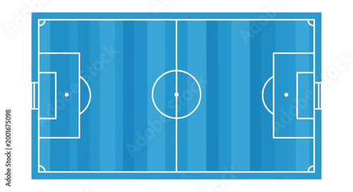 Overhead shot of a blue-toned soccer field illustration with white line markings defining the zones and goals, set against a clean white background in a simple, graphic style