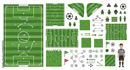 An overhead vector illustration displays a comprehensive soccer strategy kit, including field layouts, player figurines, flags, and directional arrows, set against a clean white background