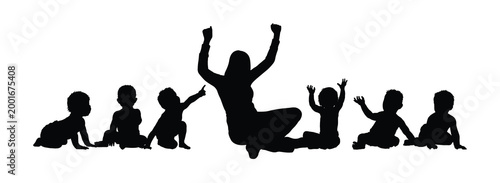 Female nurse playing with babies on the floor black silhouettes flat vector graphic illustration.