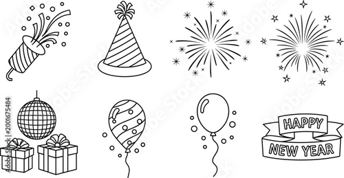 New Year Celebration Icon Set Featuring Party Hats, Fireworks, Balloons, Gifts, and "Happy New Year" Banner