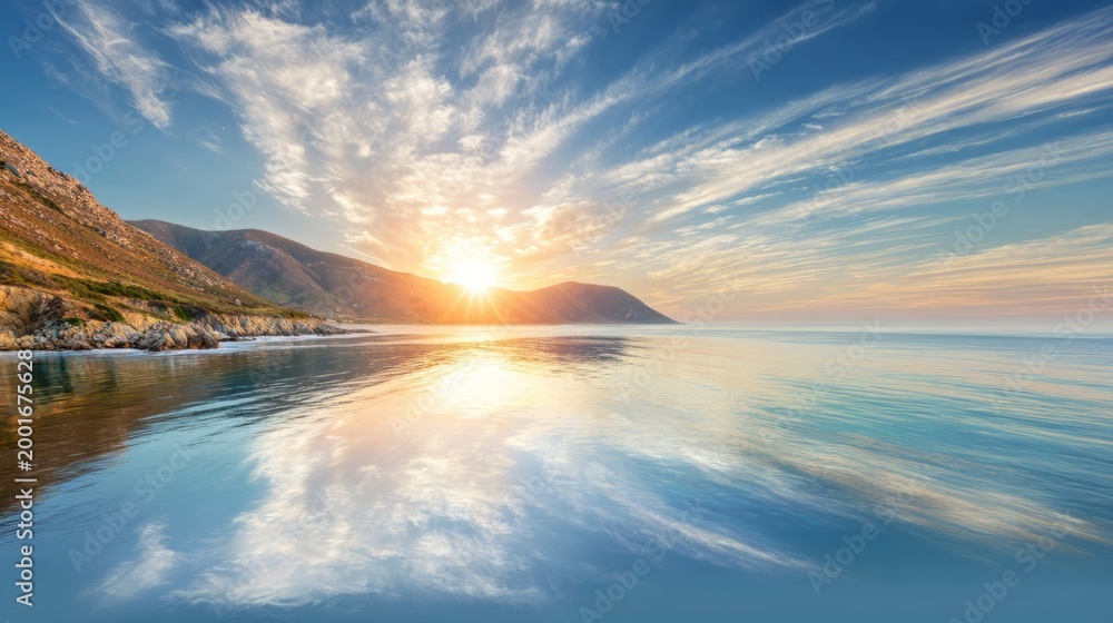 Fototapeta premium Scenic sunrise over calm ocean with mountain range. Golden sunlight reflecting on peaceful water surface against blue sky. Travel and nature landscape background for tourism concept.