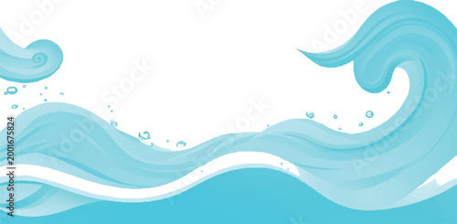 Abstract blue curving water waves with splashes and bubbles on a white background abstract background movement backdrop illustration environment cleanliness refreshing minimalist tropical