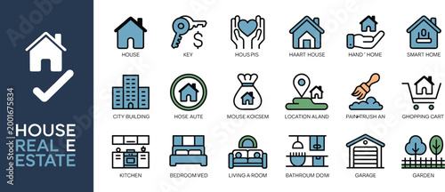 House Real Estate Icons Set With Blue And Teal Accents And Property Concepts Keywords: house, real estate, home, key, hands, building