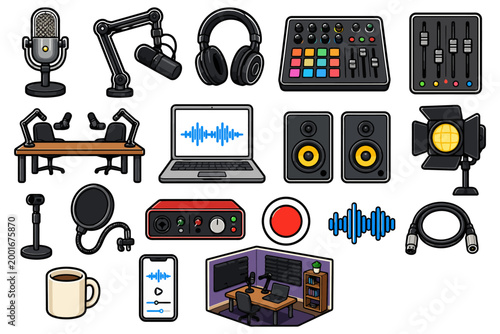 Podcast studio equipment collection with microphones, headphones, mixer, laptop, and more.