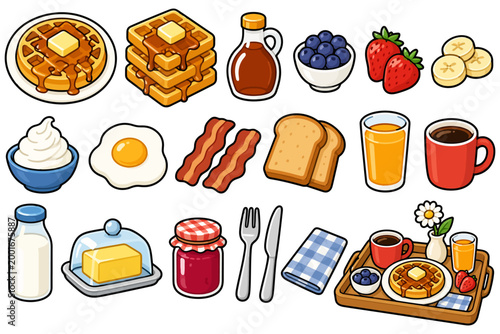 Colorful breakfast illustration with waffles, fruit, eggs, and drinks.