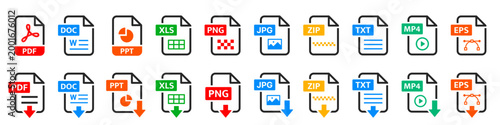 File type icon set. Format, download, PDF, DOC, PPL, XLS, PNG, JPG, text, image, folder, document symbol on white background - stock vector.