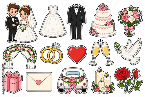 Wedding elements and symbols including bride groom and wedding rings.