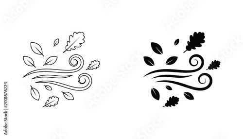 Wind blowing leaves icon set showing autumn weather elements in clean line art and solid black vector style for seasonal designs