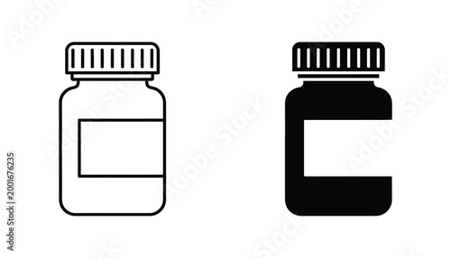 Medicine bottle container icon in outline and solid black style for pharmacy healthcare and pharmaceutical product branding