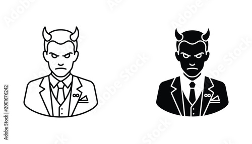 Devil businessman character icon set featuring male demon with horns and suit for corporate satire or fantasy branding vector illustration