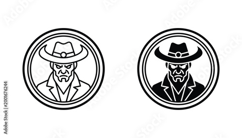 Cowboy outlaw character icon set featuring western bandit with hat in circular frame for gaming and apparel branding vector illustration