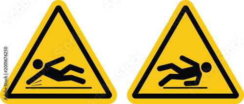 Wet surface warning sign set, vector illustration of slipping and falling hazards involving children for safety alerts public awareness and precaution signage design.