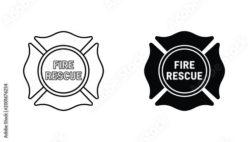 Fire rescue department badge icon in outline and solid black style for emergency services and firefighting equipment branding