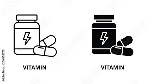 Vitamin supplement bottle with capsules icon set for fitness health and nutrition branding in clean line art and solid black vector styles