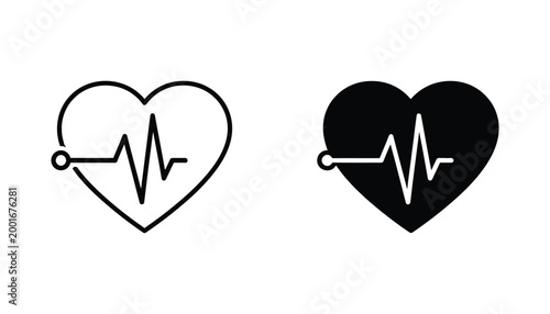 Heart beat pulse line icon in outline and solid black style for medical healthcare and cardiology wellness applications