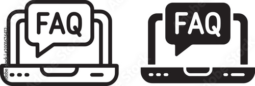Black and white of a laptop screen displaying a speech bubble with F A Q text frequently asked questions