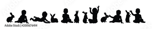 Group of diverse babies playing with rabbits in various positions black silhouette collection vector illustration.