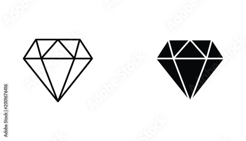 Diamond gem silhouette and outline vector icon set representing luxury wealth and precious stone jewelry design elements