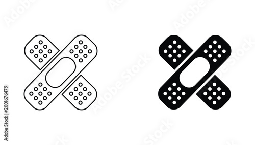 Adhesive bandage silhouette and outline vector icon set representing medical care and first aid equipment for health and wellness branding