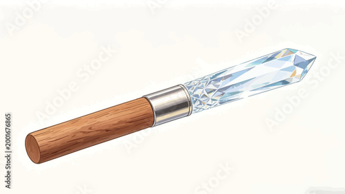 Detailed hand-drawn illustration of a fantasy magical wand with faceted clear crystal tip, light oak wooden handle, and polished silver metal collar on plain white background