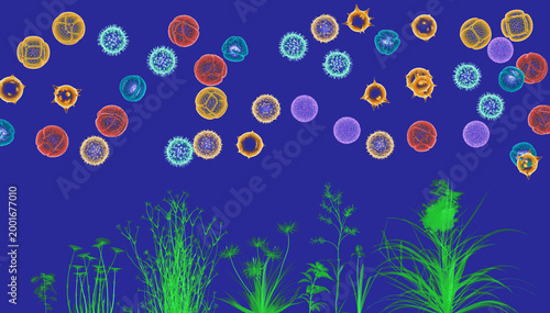 3D illustration of various flowers and plants with different pollen grains moving in the air. These grains cause spring allergies. Presented in a transparent scientific graphic style.