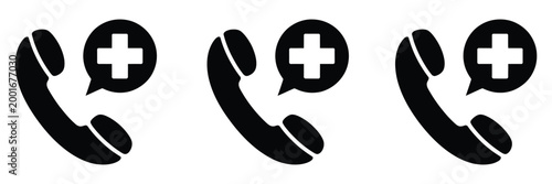 Medical emergency phone call icons with ambulance and first aid elements, modern flat vector set for healthcare communication and urgent support design.