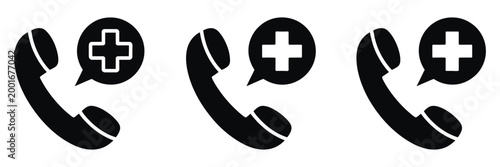 Medical emergency phone call icons with ambulance and first aid elements, modern flat vector set for healthcare communication and urgent support design.