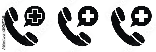 Medical emergency phone call icons with ambulance and first aid elements, modern flat vector set for healthcare communication and urgent support design.