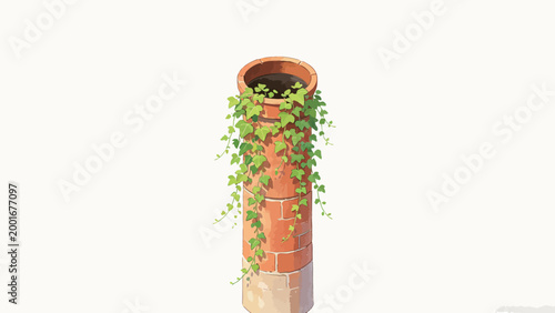 Soft Watercolor Illustration of a Tall Terracotta Brick Chimney Planter with Trailing Green Ivy on Plain Neutral Off-White Background