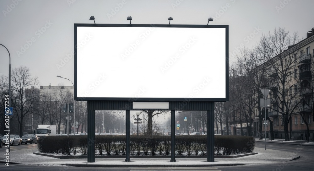 Fototapeta premium Blank billboard frame on a cloudy winter street, ready for advertising and outdoor promotion