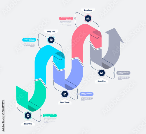 Isometric process flow diagram divided into five colorful stages. Flat presentation template with minimalistic icons and curved line for data visualization.