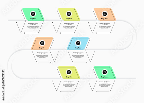Curved roadmap timeline template with seven steps and place for your texts. Modern infographic design with icons and thin lines for workflow layout, banner or web design.