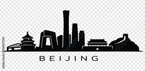 Black silhouette of beijing city skyline with famous landmarks and buildings