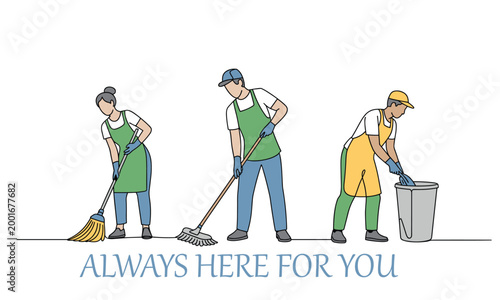 Diverse cleaning crew working together to maintain hygiene and cleanliness.