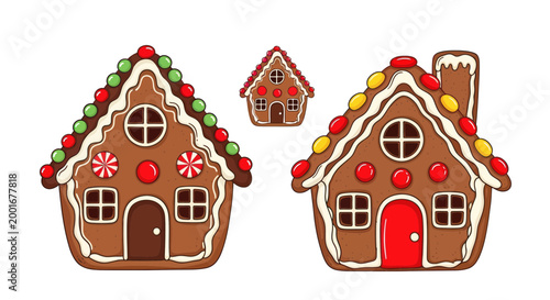 Gingerbread houses with icing and candy.