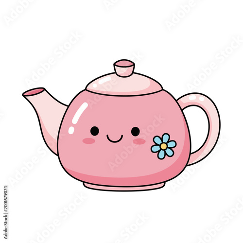 Canvas Print Cute Pink Kawaii Teapot With Flower, Cartoon Character