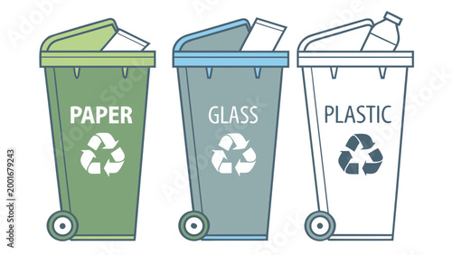 Recycling bins for paper glass and plastic waste isolated illustration of eco friendly waste sorting containers
