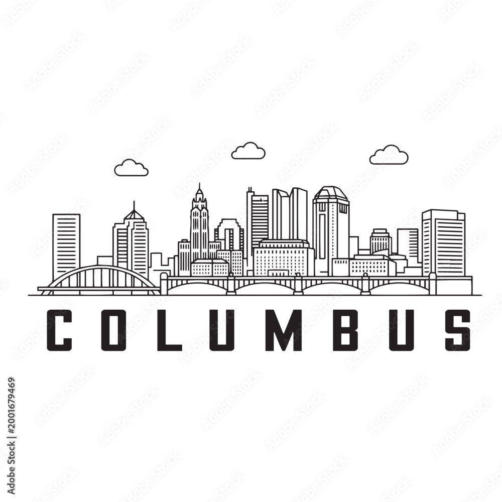 Obraz premium Columbus Ohio Skyline Outline Vector Illustration with Modern City Buildings Line Art