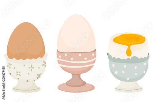 Set of eggs served in egg cups including whole egg and soft boiled egg with runny yolk. Classic breakfast food, minimal illustration isolated on white