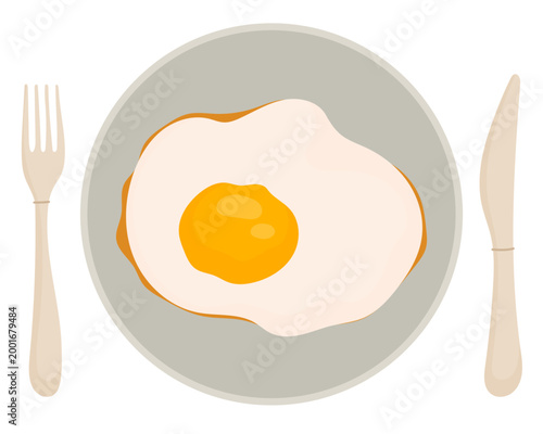 Fried egg served on plate with cutlery. Simple breakfast meal, minimal food illustration, top view composition isolated on white