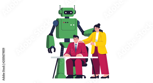 Robot, human interaction, teamwork, collaboration, green robot, business people, vector illustration